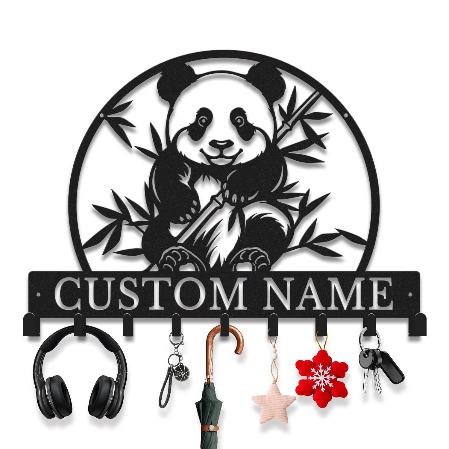 Avalox Personalized Panda Key Holder with Key Hooks – Custom Name Metal Wall Organizer for Entryway, Living Room, Patio, Unique Key Rack for Keys, Leash, Lanyard (Style-2)
