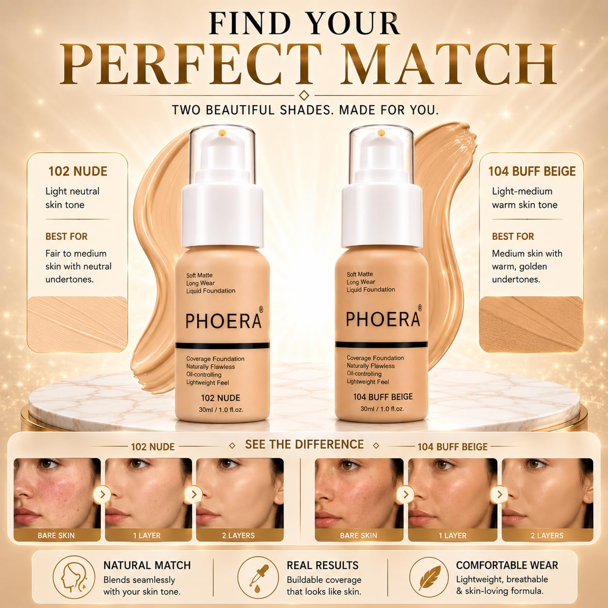 Glamza PHOERA Foundation 102 e 104,Fondotinta a copertura totale, copertura completa, 30 ml, 24 ore di controllo dell'olio opaco (Buff Beige #104) (Nudo #102) + pennello liquido fondotinta