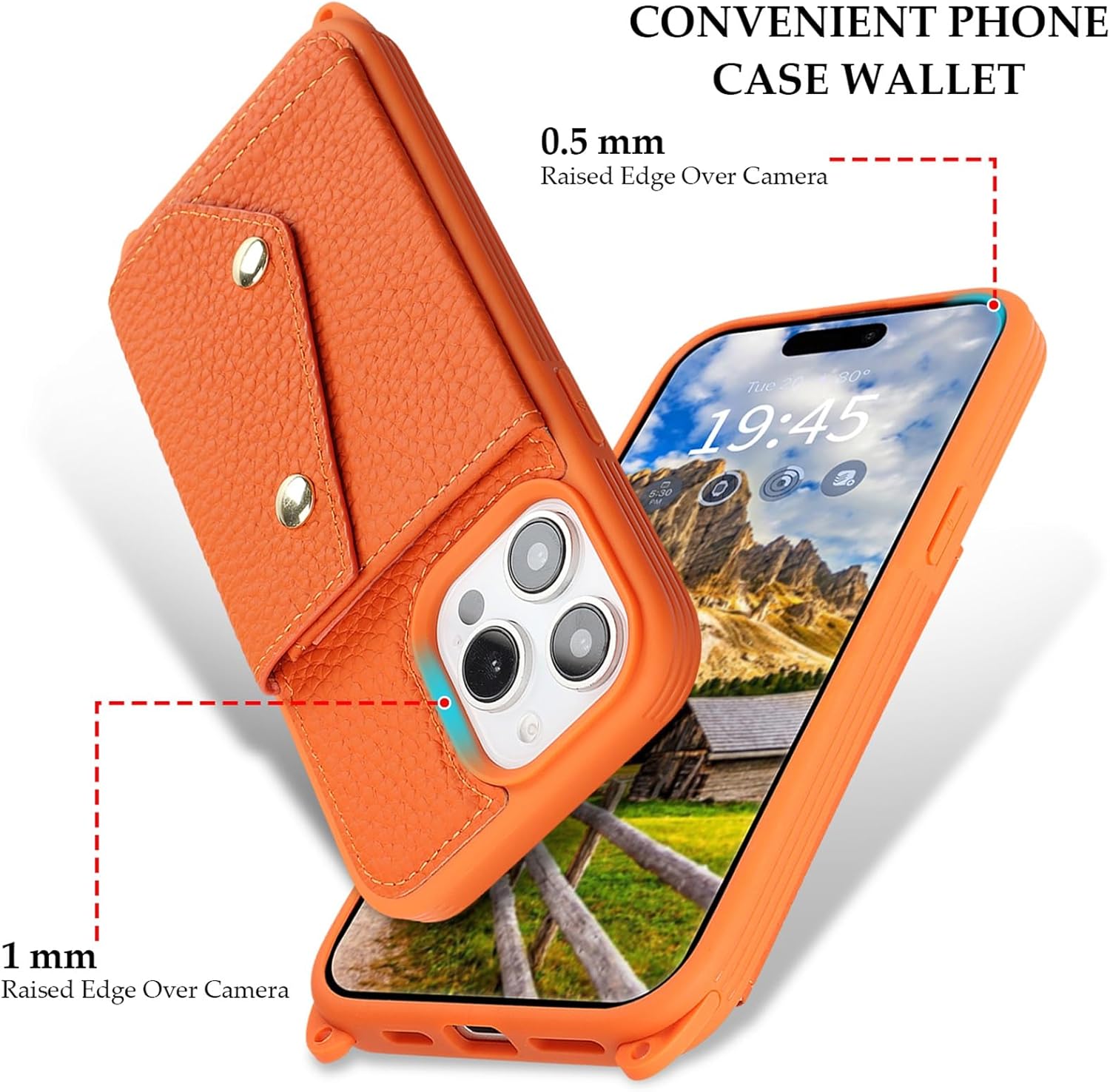Jaorty Genuine Leather Wallet Case for iPhone 13 Pro Max/12 Pro Max, Necklace Lanyard Case Cover with Card Holder & Cash Pocket for Women Girls,Magnetic Snap,Anti-Lost Shoulber Strap 6.7 inch,Orange