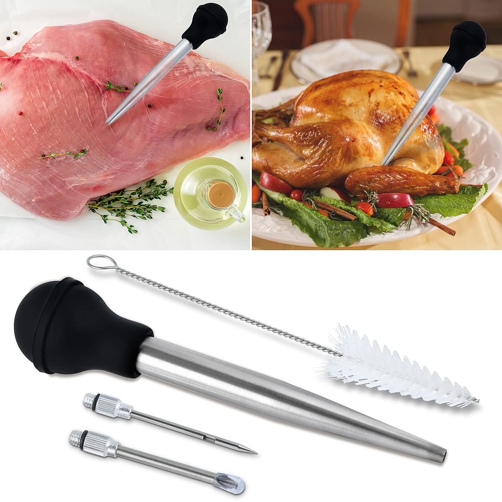 Set per arrosto per tacchino con timer e lacer, in acciaio inox, con lampadina in silicone, 2 iniettori di sapore, spazzola in silicone, timer pop-up, lacer per tacchino e spazzola per la pulizia, un