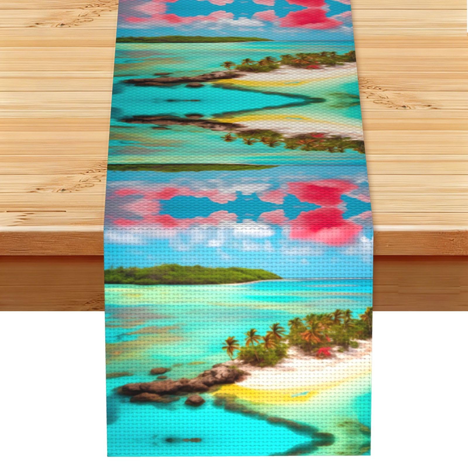 Caribbean Scenery Linen Look Table Runner 13x72-Wrinkle Resistant Farmhouse Style for Dining Table Decor