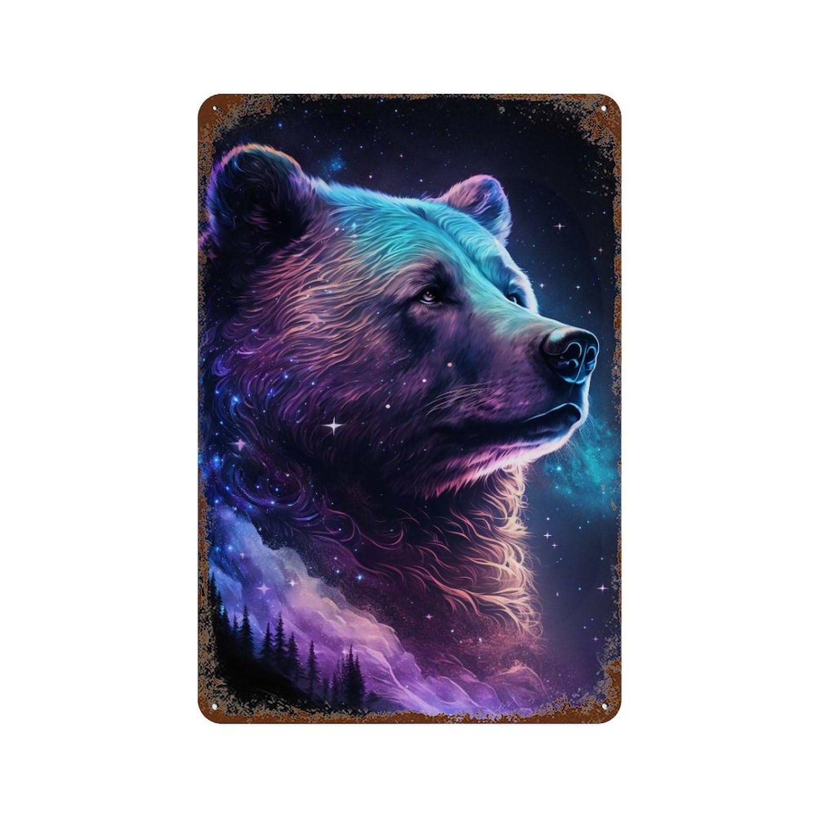 Cosmic Bear Portrait Print-1 Rust Effect Tin Sign 11.8"x7.9", Farmhouse Wall Decor for Living Room, Hallway And Home Decor