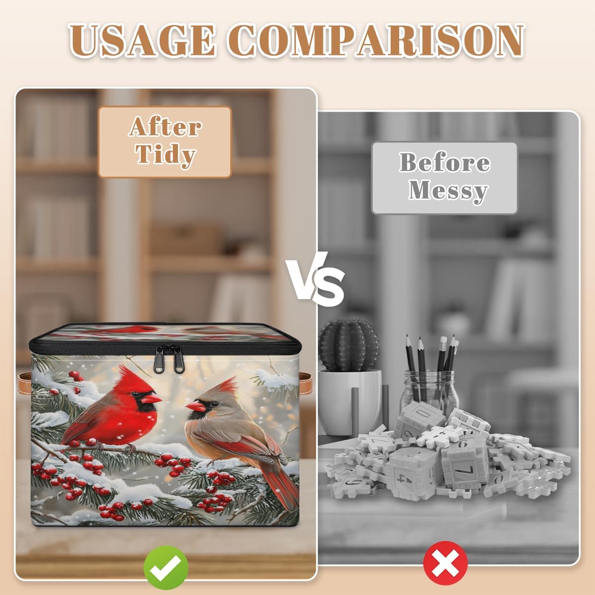 Storage Bin Set of 2 Winter Cardinal Bird Berry Storage Basket with Zipper Lid & Handle Foldable Closet Shelf 2 Pack Cloth Organizer Basket Cube Bins for Bedroom, Nursery