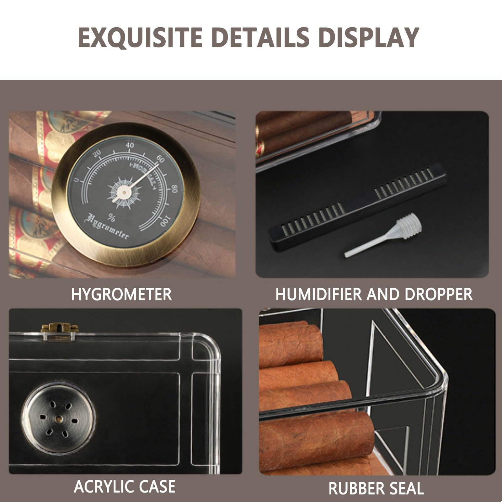 Humidor per Sigari in Acrilico, Scatola da Tavolo per Sigari con Umidificatore e Igrometro Vassoio Portatile in Legno di Cedro Spagnolo A
