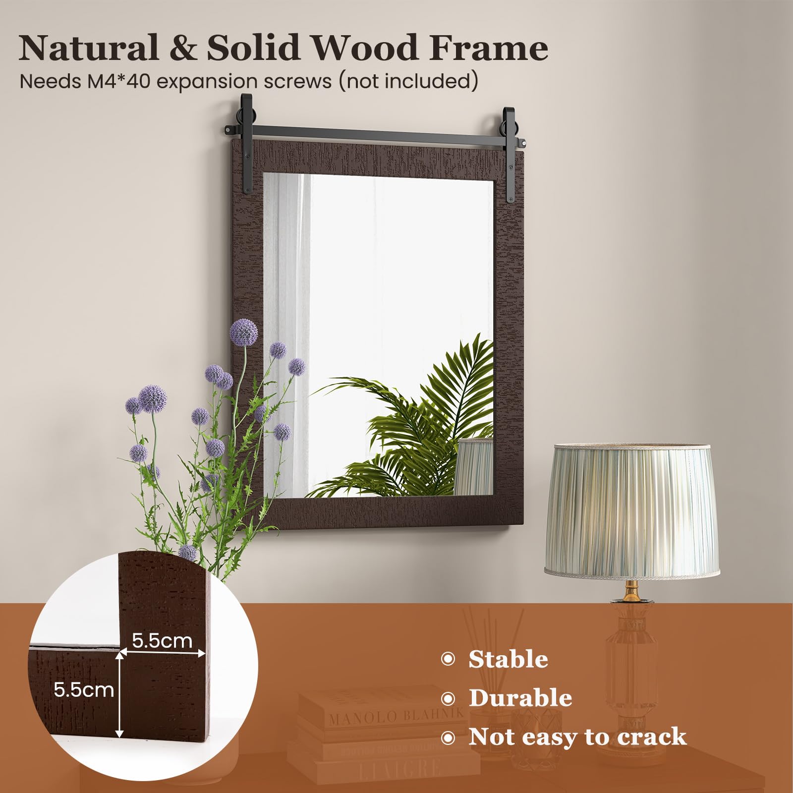 LIFEZEAL Espejo de Pared 76,5 x 57 cm, Espejo Rectangular con Marco de Madera y Soporte de Metal, Colgante Vintage para Cuarto de baño, Pasillo, salón (marrón Oscuro)