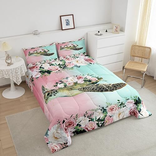 Miniatura 3 de Juego de edredón de tortuga marina tamaño matrimonial, juego de ropa de cama de mármol azul y rosa para niños y niñas, relleno de edredón romántico