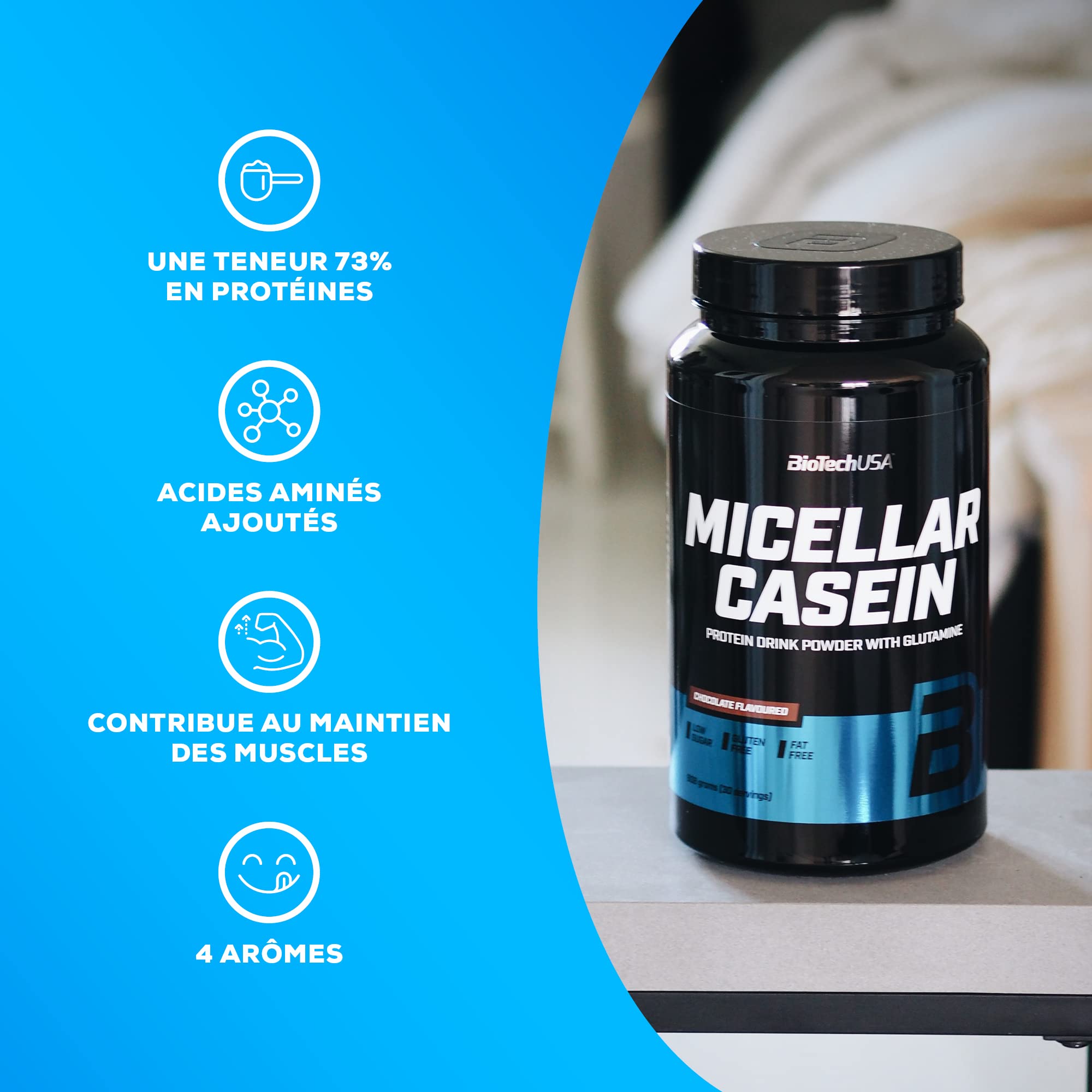 BioTechUSA Micellar Casein Protein Powder | Temps d'absorption prolongé | Sans gluten et sans graisse | L-Glutamine ajoutée, 908 g, Vanille
