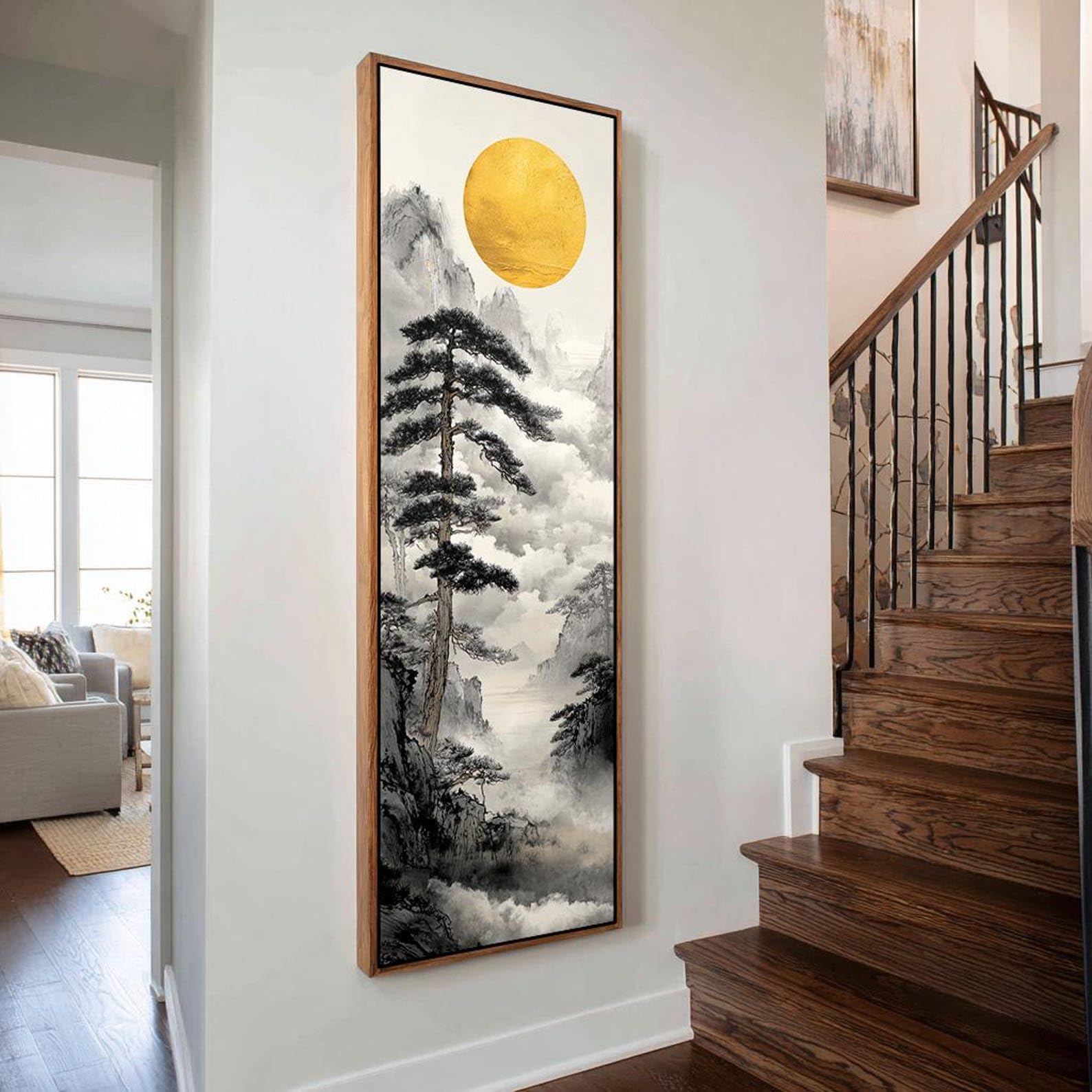XBTYKPB Quadro su tela stretto e sottile, raffigurante una foresta, con stampa verticale incorniciata, ideale per decorare stanze, corridoi e uffici (35x105 cm/senza cornice).