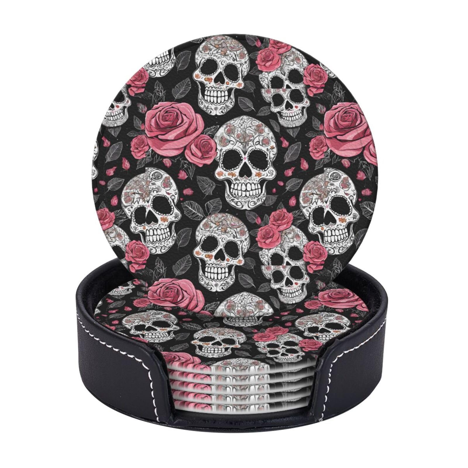 Coasters Set of 6 Microfiber PU leather Coasters with Holders for Drinks Coffee Bar Accessories, House Apartment Coffee Table Decor, Housewarming Gifts - Black Floral Skull