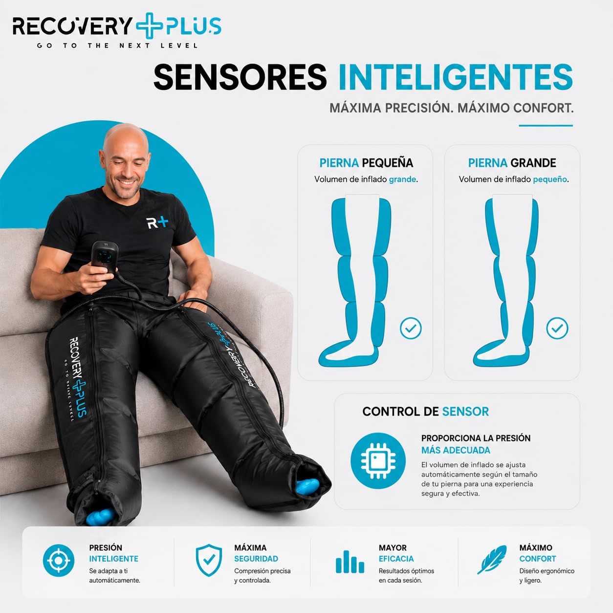 RECOVERY PLUS - botas de compresión de aire para piernas, presoterapia para casa, masajeador para drenaje linfático y circulación, recuperación muscular, nivel profesional (Talla L)