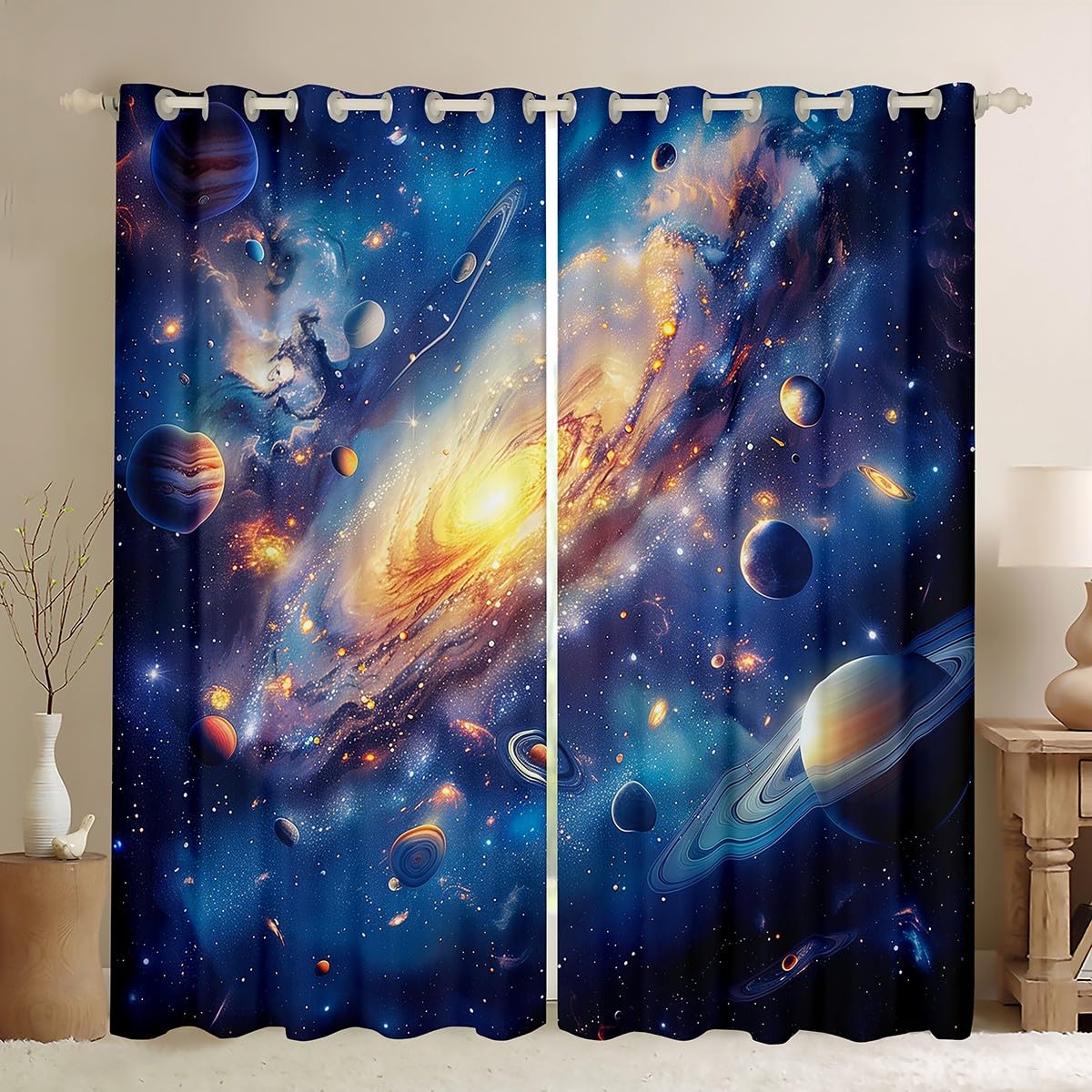 Homemissing Kids Solar System Curtains Outer Space Window Curtains for Bedroom Living Room for Kids Boys Girls Galaxy Space Window Drapes Microfiber 30%-50% Blackout Curtains