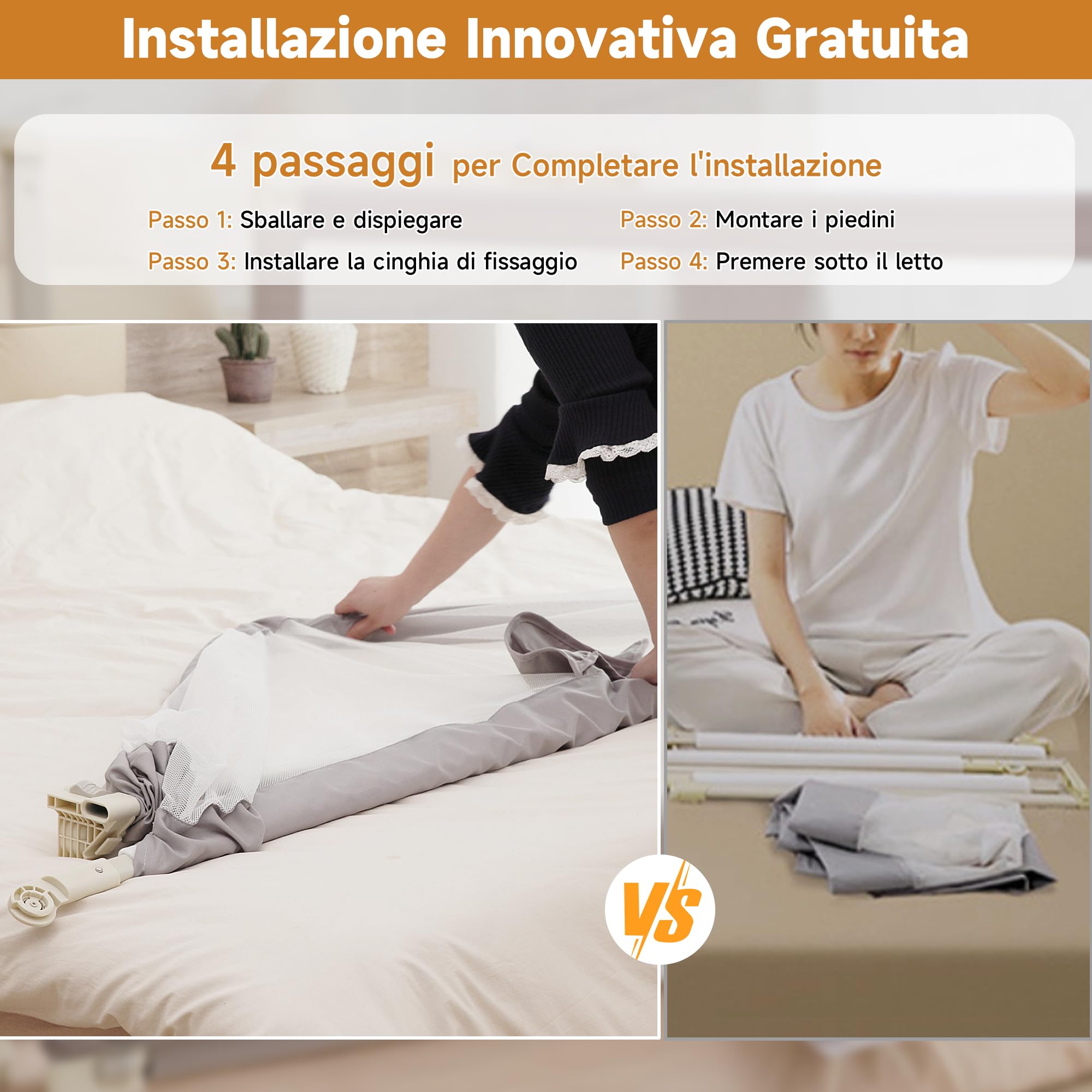 Sponda Letto Bambini 180 cm, Universale Barriera Protettiva Bambini Barriera Letto - Installazione Rapida in 3-5 Minuti, Grigio