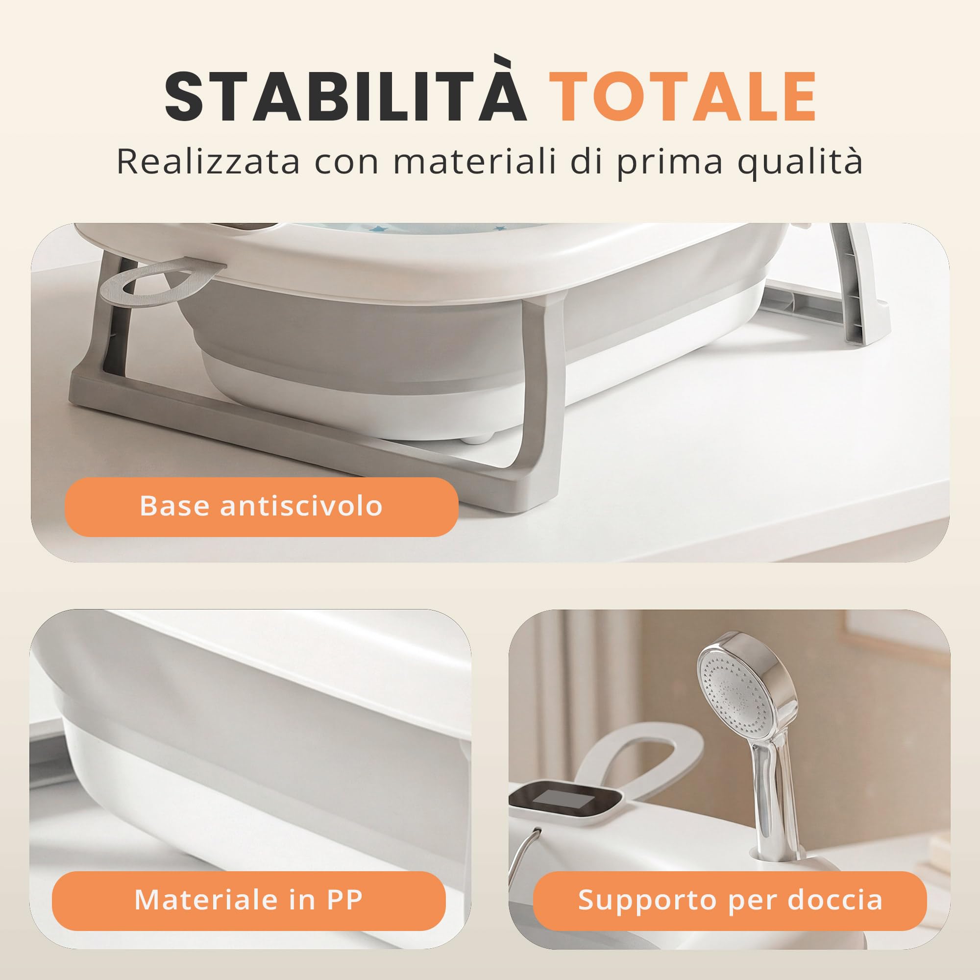 JUPPLIES Vaschetta Bagnetto Neonato Pieghevole con Cuscino Ergonomico e Termometro Digitale – Vasca Bagnetto Neonato Salvaspazio Antiscivolo – Facile da Riporre (75x45x20 cm - Grigio)