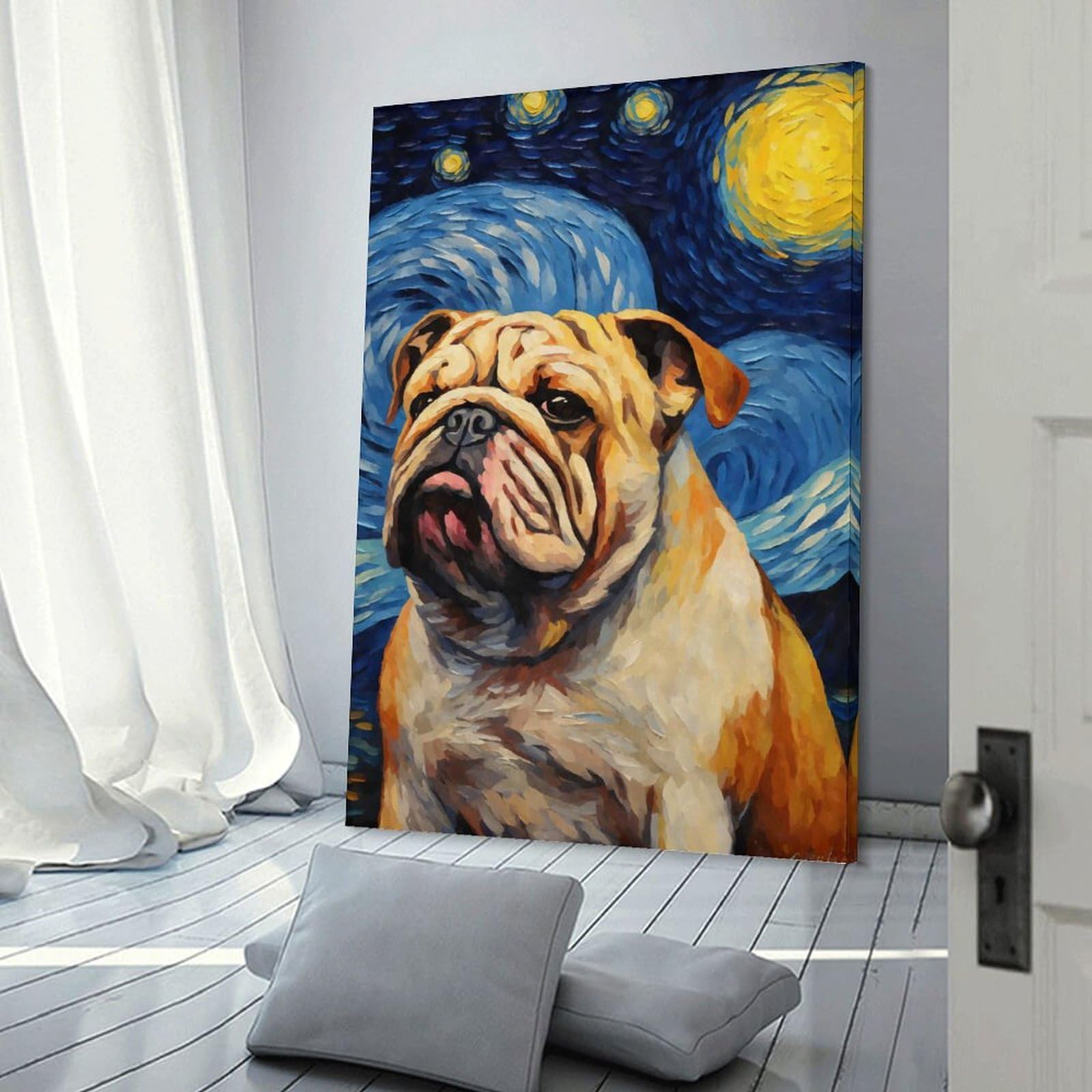 Junmoney Frame-Style-9 Wall Picture Print Bulldog Starry Night, 24X36inch(60X90cm), For Contemporary Homes, Apartments Or Offices, Decorative Canvas Decor For Home Updates