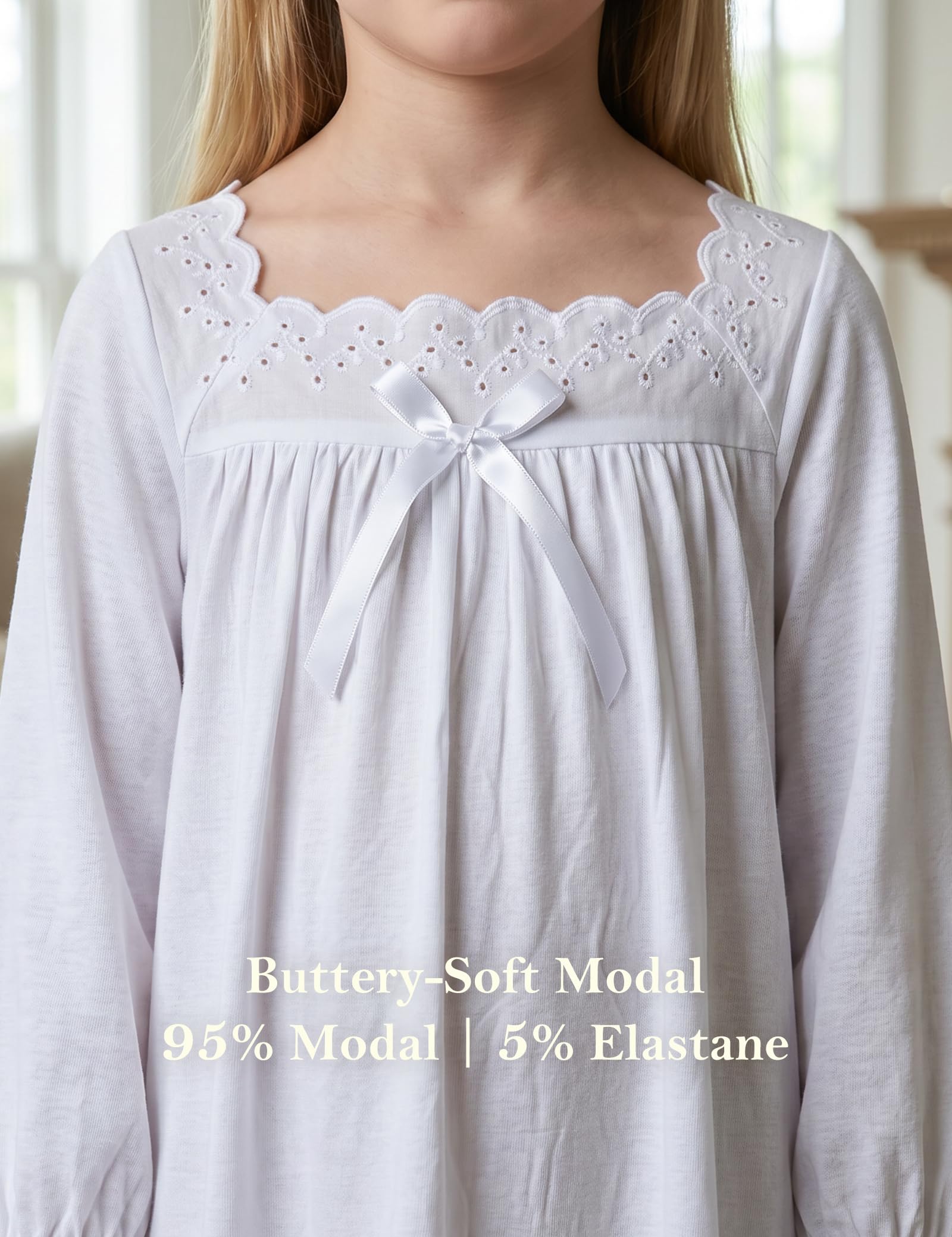 CHUNG Little Big Girls Nuisette en modal à manches longues pour fille de 3 à 12 ans Robe de nuit vintage à col rond et carré