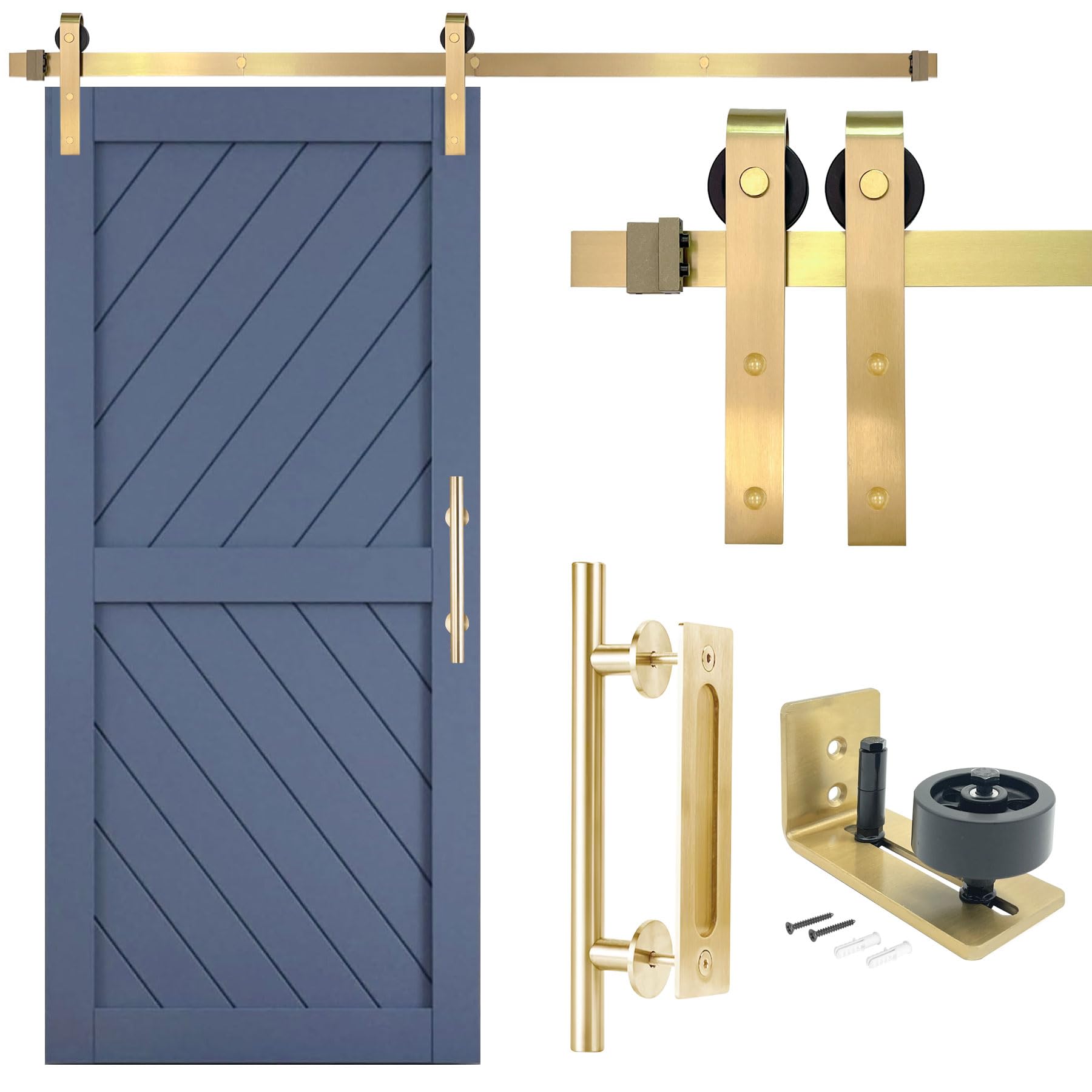 Rio Salto Gold Barn Door Hardware Kit 84" Adjustable Length 7FT Sliding Hardware Modern Barn Interior Gold Brushed Brass Panel Hardware ONLY (Hardware Kit Plus, 7 Feet - Single Door)