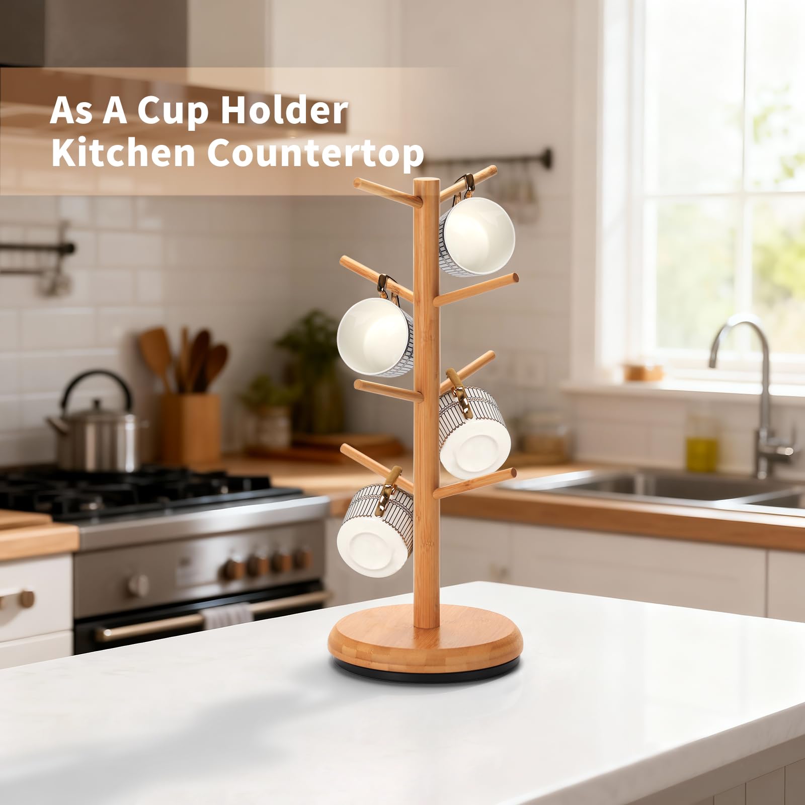 BAMBANG Albero porta tazze, girevole a 360°, 8 ganci, supporto per tazze da caffè per piano di lavoro, in bambù, per cucina e casa, naturale