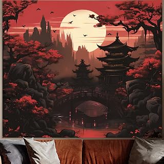 Avinyl Japanese Anime Tapestry for Bedroom Aesthetic, Black Red Sunset Forest Wall Art Decor Tapestries, Dark Nature Landscape Mountain Backdrop for Living Room Office Dorm 60in X 79in
