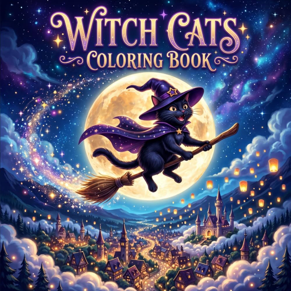 Witch Cats Coloring Book: Magical Feline Adventures in Cozy Potion Rooms and Moonlit Fantasy Worlds