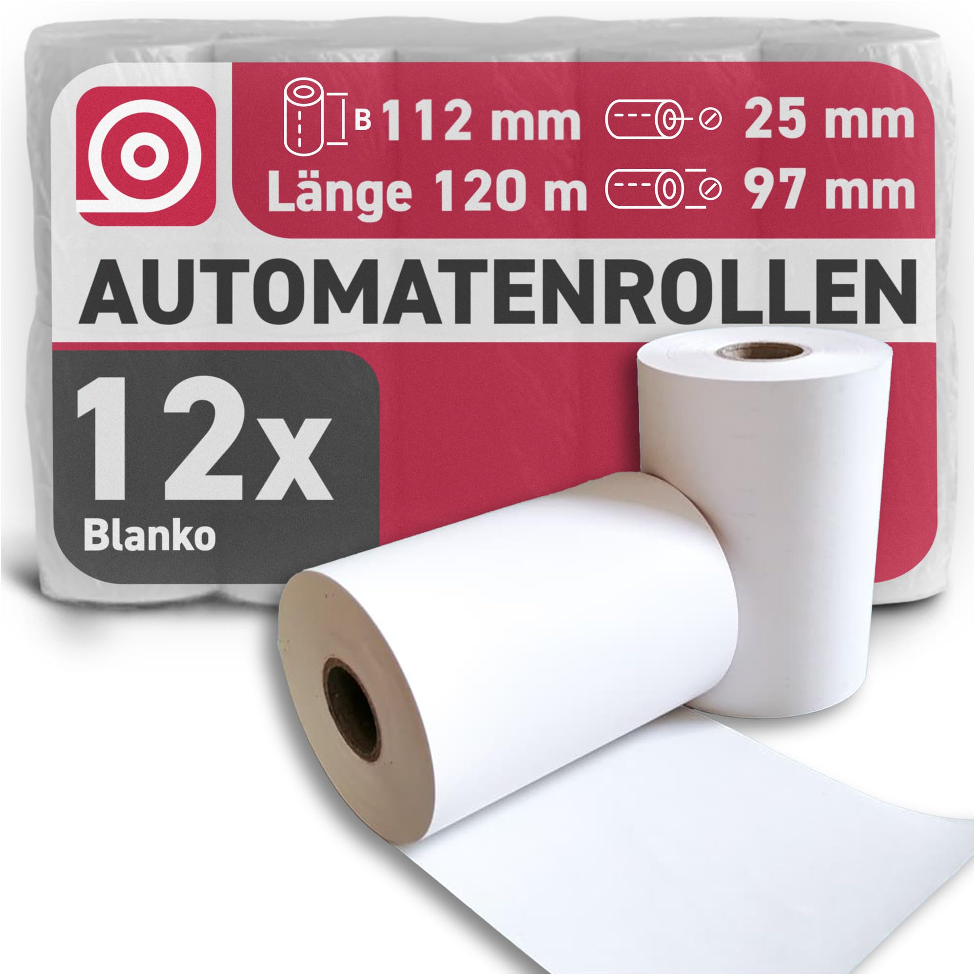 Thermorollen 112 mm x 120 m x 25 mm, BPA-frei, 12 Bonrollen mit 55 g/m², langlebig & FSC-zertifiziert - Automatenrollen mit ∅ 97mm für Spezialdrucker, Verkaufsautomaten