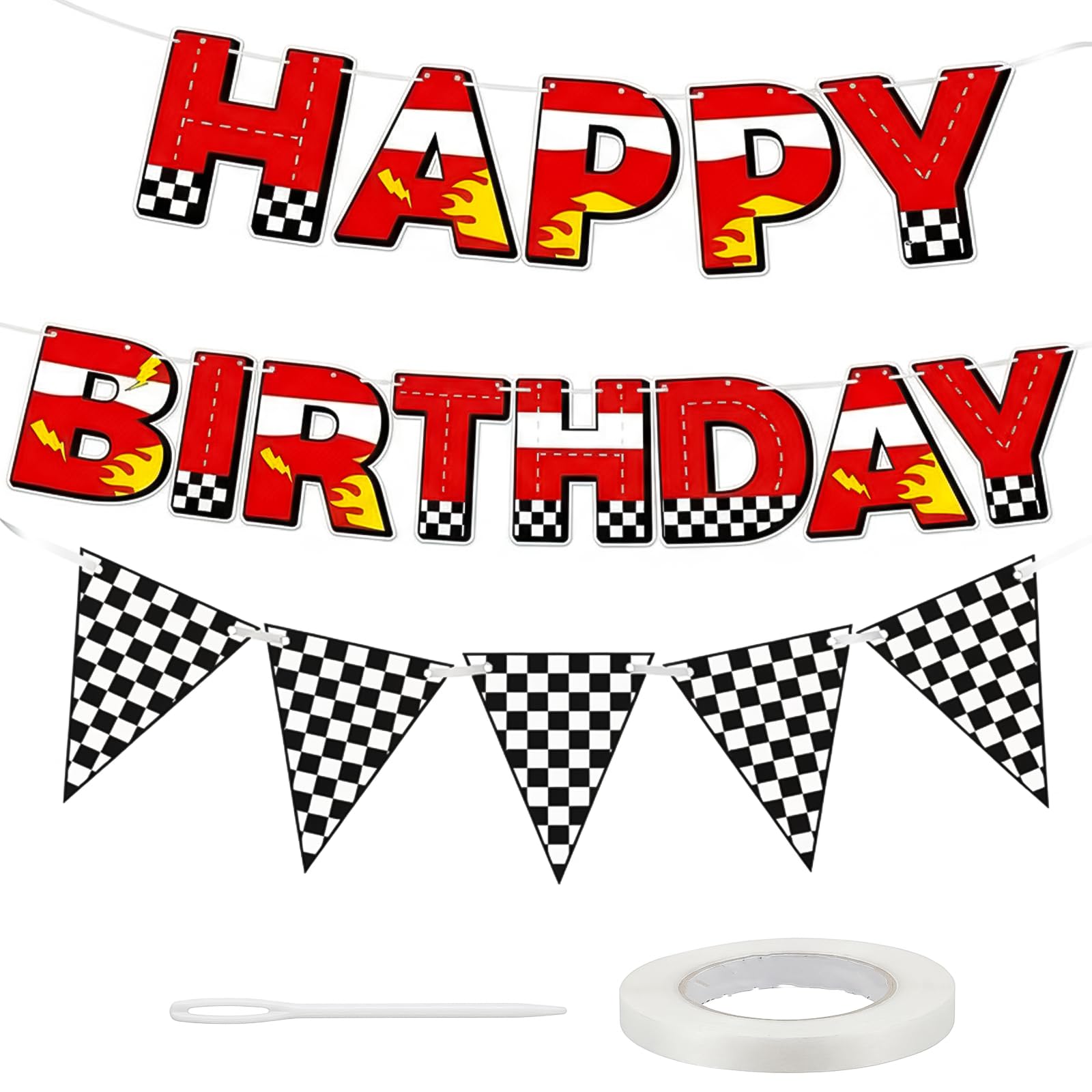 GZYCKJ Racing Car Birthday Decorations, Happy Birthday Banner with Checkered Flag, Red Bunting Racing Themed Party