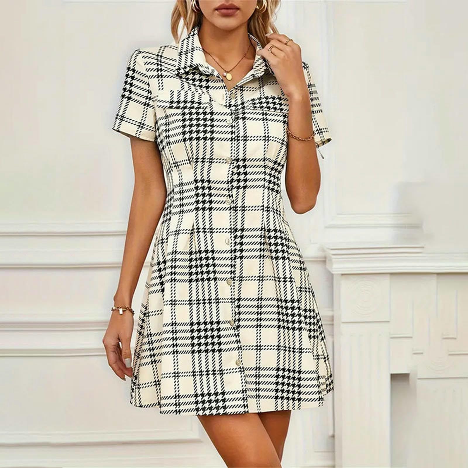Letnia sukienka damska Lapel Short Sleeve Button Print Koszula sukienka rekreacyjna talia sukienka morelowa XL