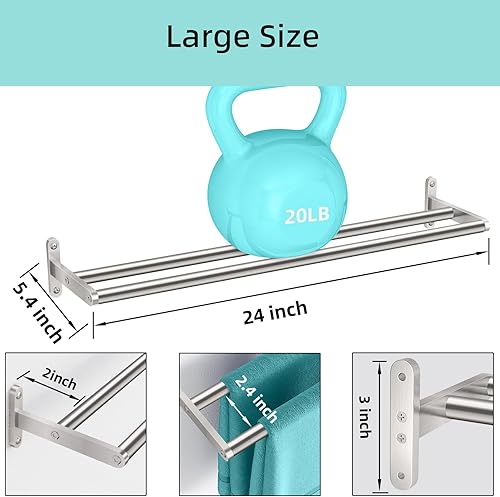 Miniatura 4 de Taaji - Toallero doble de 24 pulgadas para baño, de acero inoxidable, para colgar en la pared, barra larga, toallero para pared de baño, cepillado