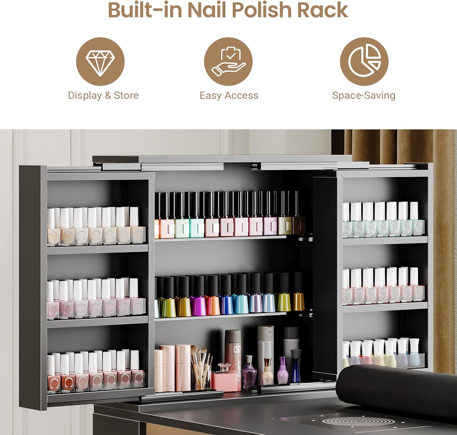 Manicure Table with Extendable Polish Cabinet, Nail Desk with LED Light, Dust Collector, Wrist Rest, Lockable Wheels, Beauty Salon Station Home Nail Tech, Black