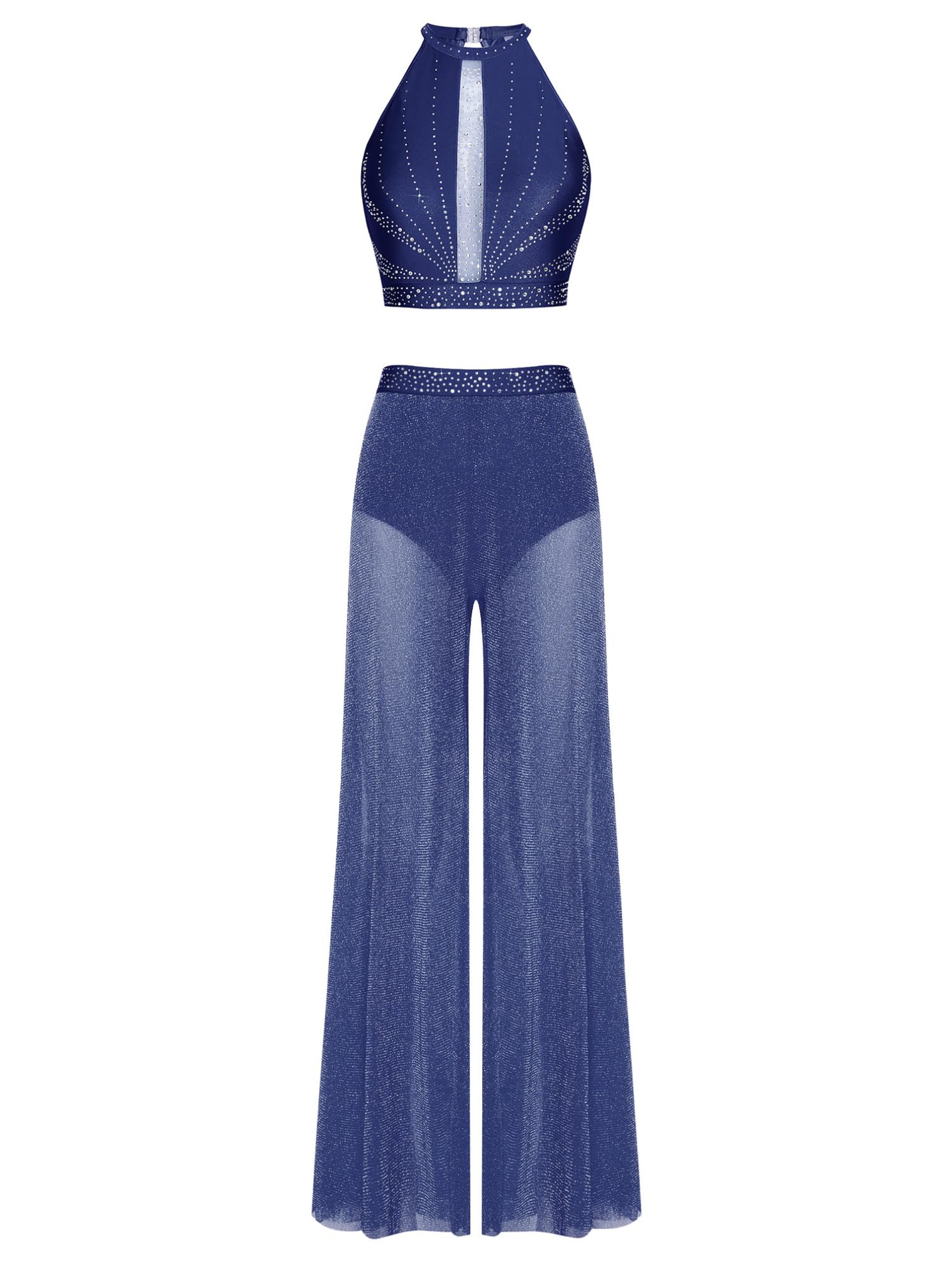 ranrann Femme Costume Danse Lyrique Contemporaine Crop Top sans Manches et Pantalon Ample Jambe Large Vêtement Danse