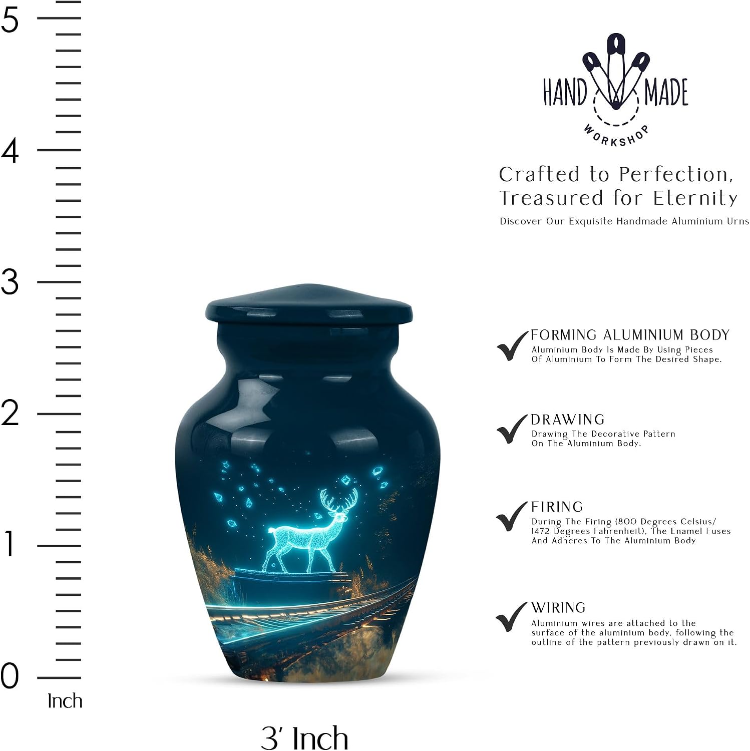 Lighting Deer Memorial Urn, 3 Inch Urn for Human Ashes, Keepsake Urn for Baby Ashes, Memorial Cremation Urn, Funeral Urn for Pets, Blue Urn, Deer Urn for Human Ashes