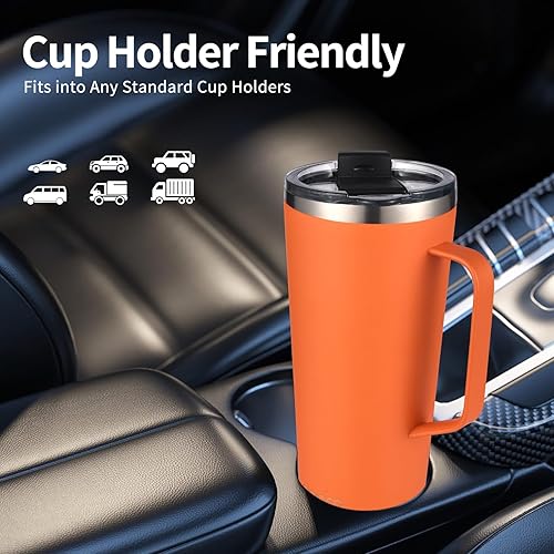 Miniatura 9 de Vaso aislado de 24 onzas con asa, taza de café aislada al vacío de doble pared con tapa y popote, a prueba de fugas (rojo)