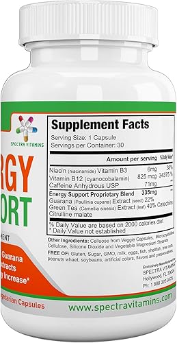 Miniatura 7 de Spectra Vitamins Natural Energy Support 30 cápsulas - Cápsulas de guaraná - Vitamina B12 - Extractos de guaraná y té verde - Suplementos energéticos