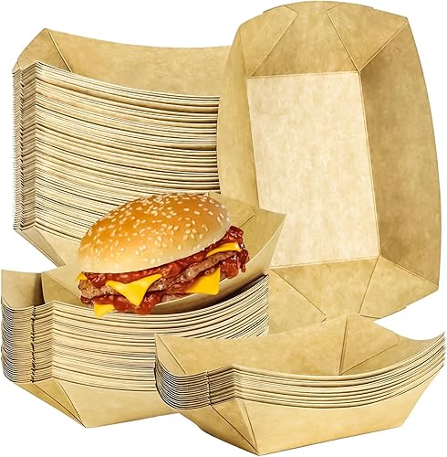 MotBach Paquete de 80 bandejas de papel desechables de 2 libras para botes de papel, bandeja de servir comida kraft, platos para aperitivos,