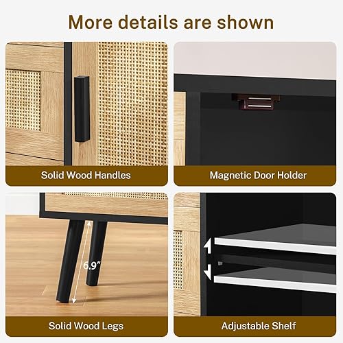 Miniatura 8 de Iwell Armario de almacenamiento con puerta de ratán y 3 cajones, gabinete de ratán con estante ajustable, aparadores buffet con almacenamiento,