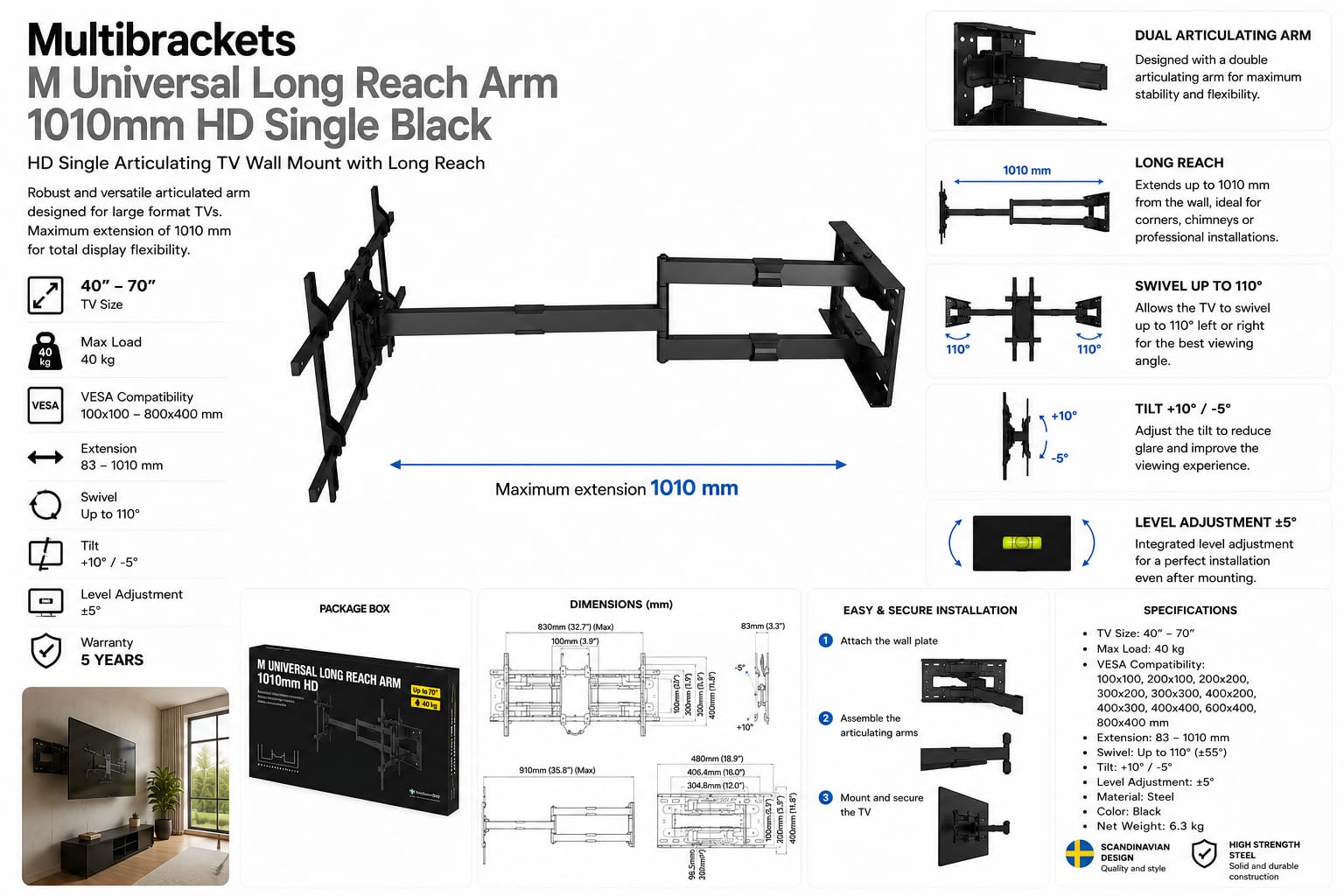 Multibrackets Long Reach 101 Soporte TV de Pared Brazo Articulado 101 cm HD hasta 75" 40kg VESA 100x100 a 800x400 Negro.