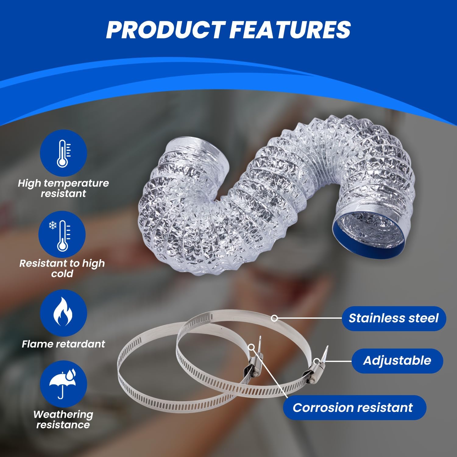 Dryer Vent Hose 4 Inch x 3FT - Flexible Aluminum Dryer Hose with 2 Clamps - Heavy-Duty 6-Layer Dryer Vent Hose for Tight Spaces, HVAC, Bathroom, and Kitchen Exhaust Ventilation