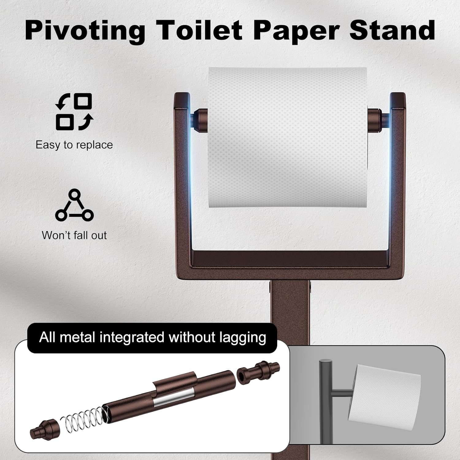Bronze Toilet Paper Holder Stand，Stainless Steel Toilet Paper Holder Free Standing，Stable Weighted Base Floor Tissue Roll Holder for Bathroom，Modern Pivoting Toilet Paper Stand