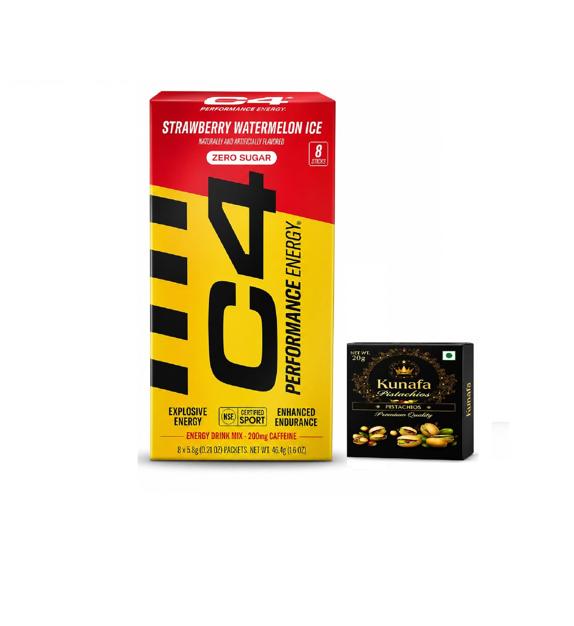 C4 Performance Energy Drink Mix, Strawberry Watermelon Ice, Zero Sugar, 200mg Caffeine, 8 Sticks 5.8g Each 46.4g box with Free Flavourito Kunafa Pistachio Chocolate Bar, 20g By Decadent Foods-image-7