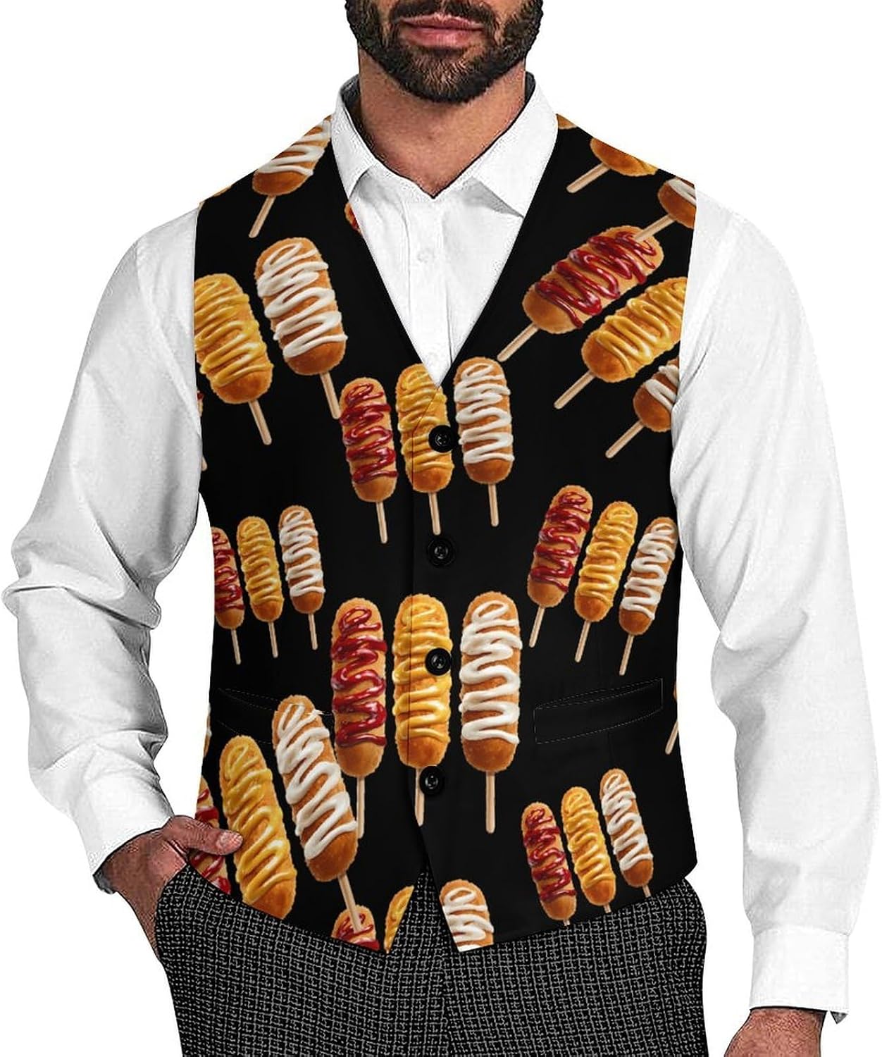 Three Corn Dogs with Sauces Mens Suit Vests V-Neck Casual Vest Dress Formal Tuxedo Wedding Waistcoat