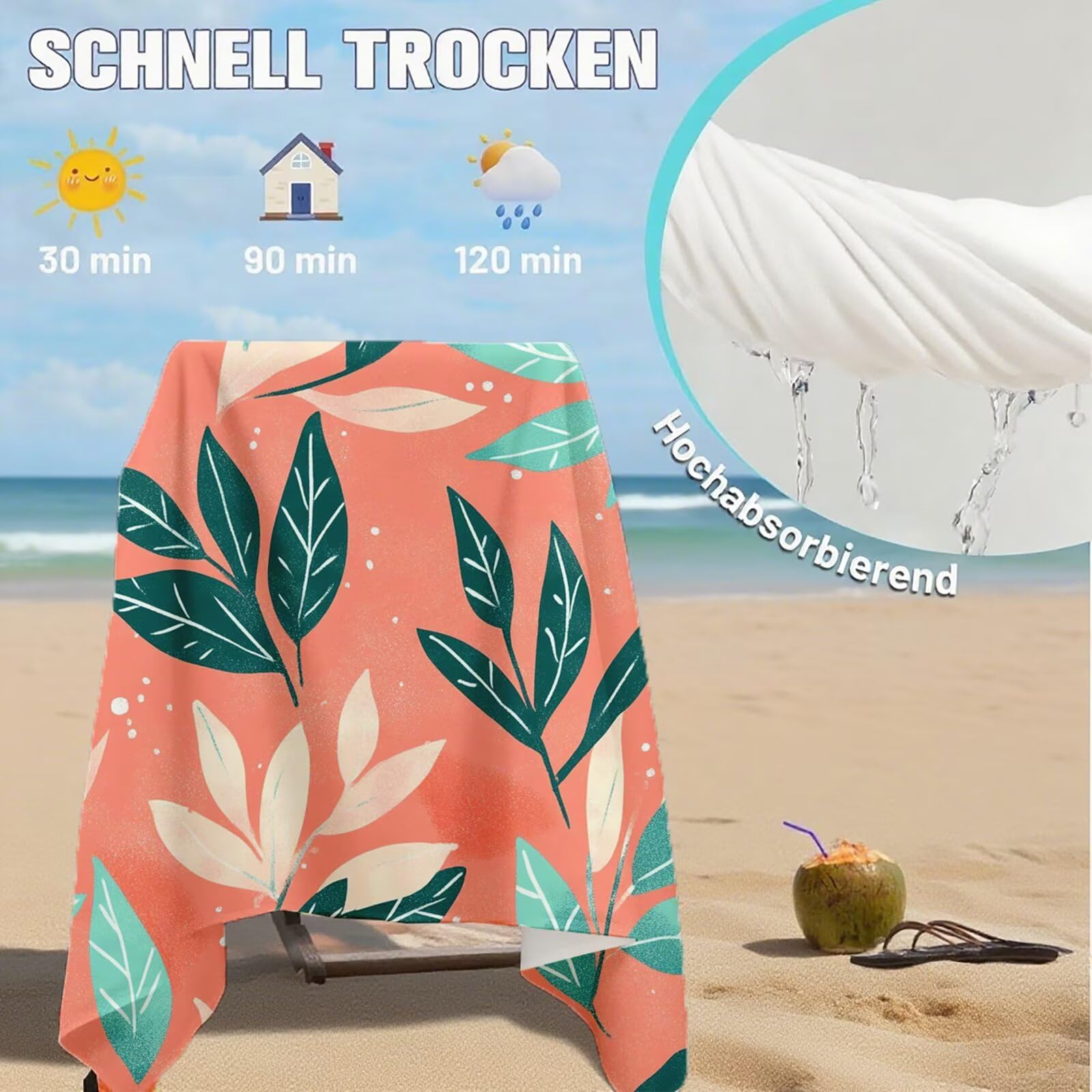 Toallas de Playa Microfibra Hoja Toalla Playa Grande 100x180 cm Mujer Hombre Secado Rápido Absorbente Toallas Gimnasio Suave Sin Arena Ligera Toalla Microfibra para Playas Piscina Viajes Camping Q-360