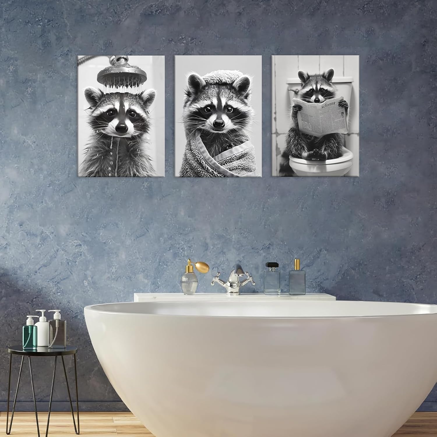 3Pcs Raccoon Bathroom Wall Art Funny Bathroom Wall Decor Black White Animal Poster Funny Raccoon on Toilet Reading Newspaper Canvas Prints Painting Picture for Bath Restroom 12X16 inch Framed - Image 5