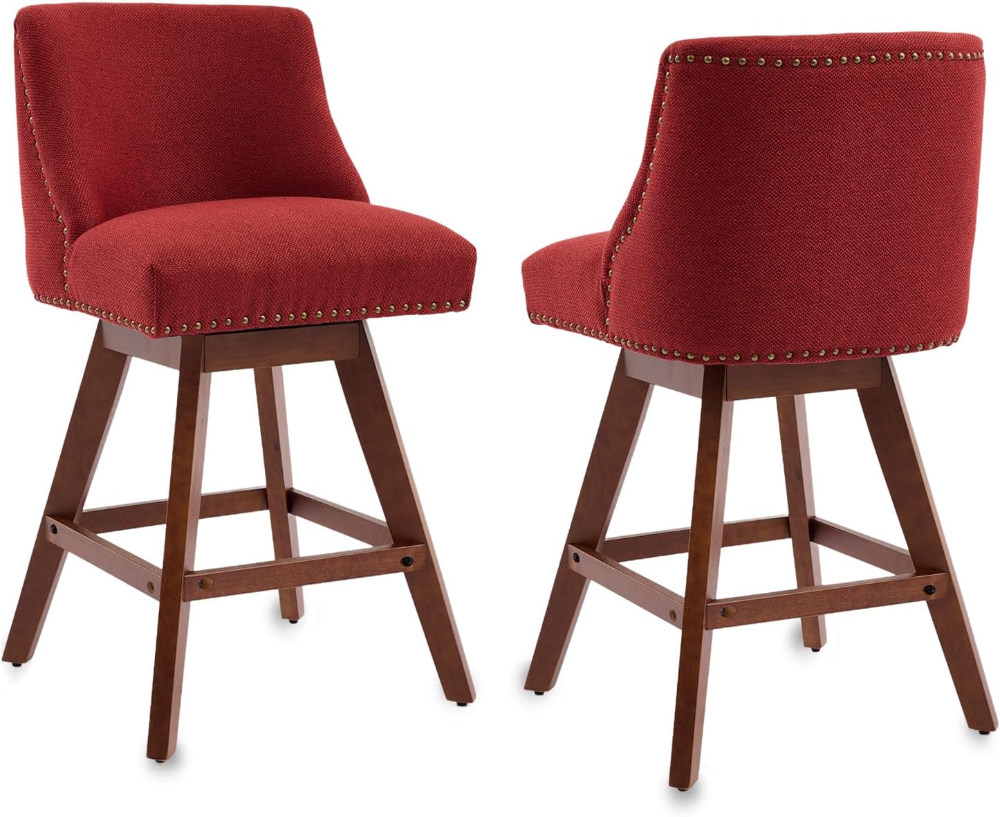 Yayzy Counter Height Swivel Bar Stools Set of 2, 26.6" Seat Height Upholstered Bar Stools with Backs, Fabric Bar Chairs with Solid Wood Legs for Kitchen Island, Home Bar, Wine Red