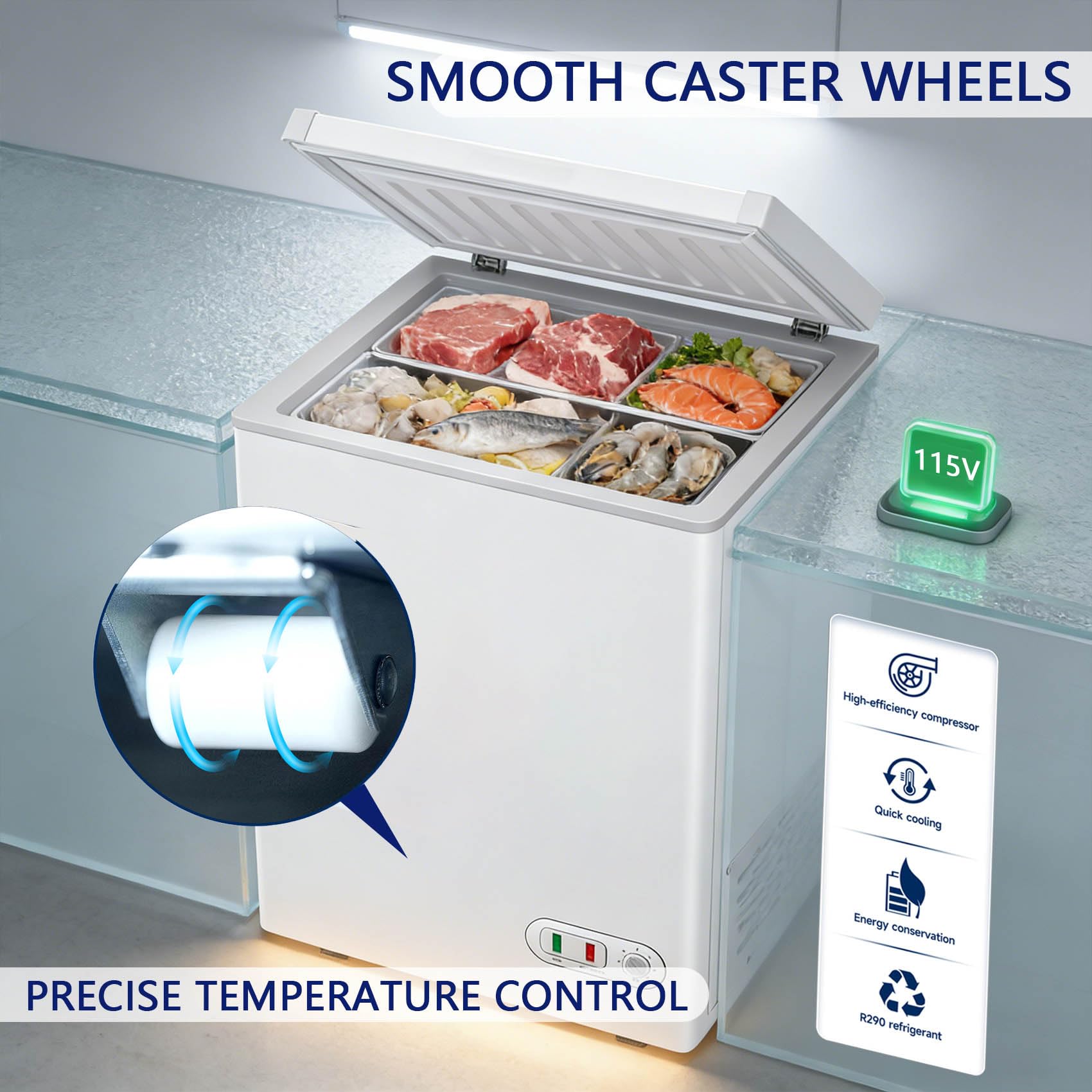 3.0 Cubic Foot Chest Freezer, Compact Deep Freezer With Adjustable 7-Stage Thermostat, Low Energy Small Chest Freezer For Apartment, Garage & Office, Quiet Mini Deep Freezer, Stainless Steel, White on Fridge.com - View 6