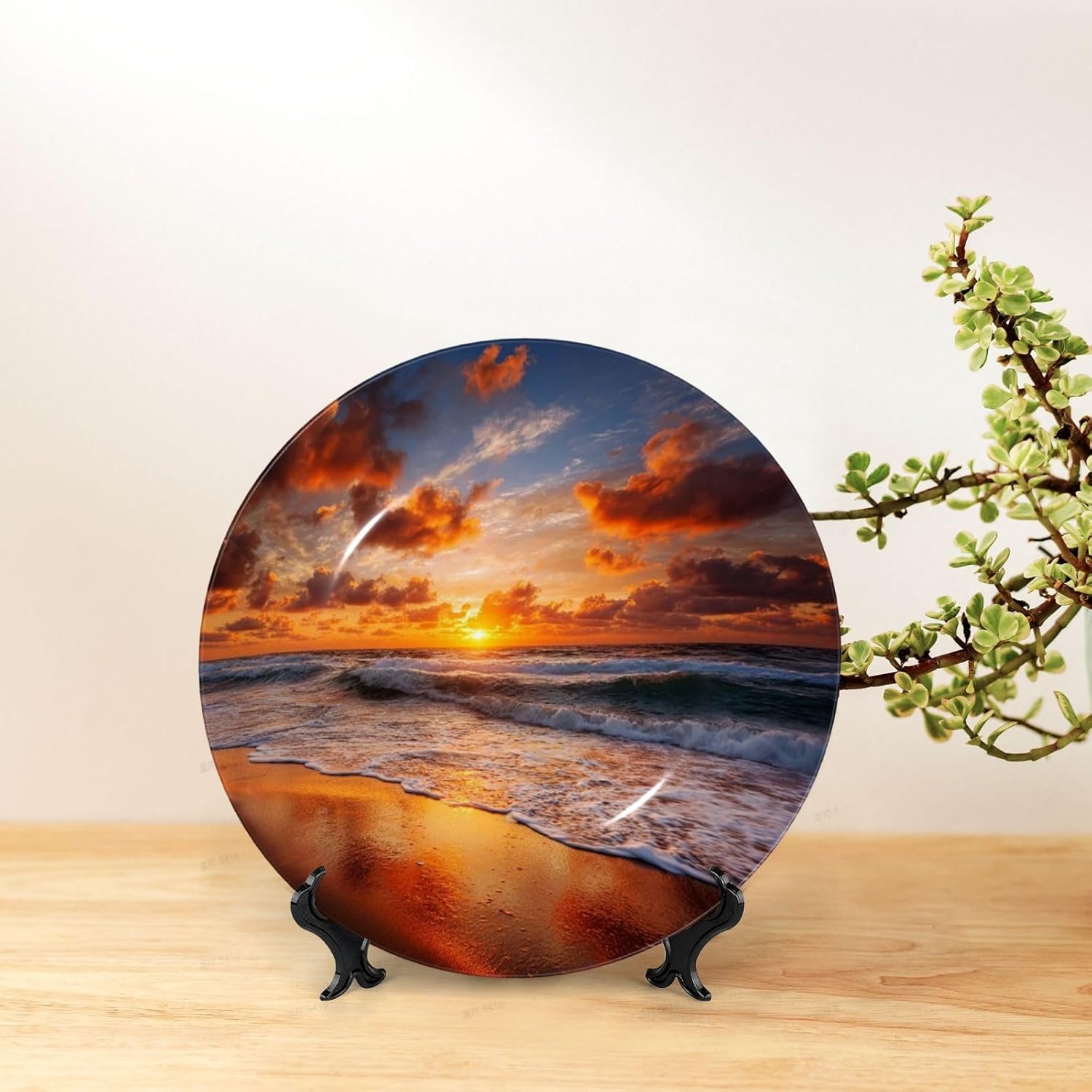 Bone China Decorative Plate with Display Beach Sunrise Ceramic Plates Crafts Art Decor Dessert Plate Ceramic Ornament Porcelain Plates for Living Room Kitchen Table Home Decor