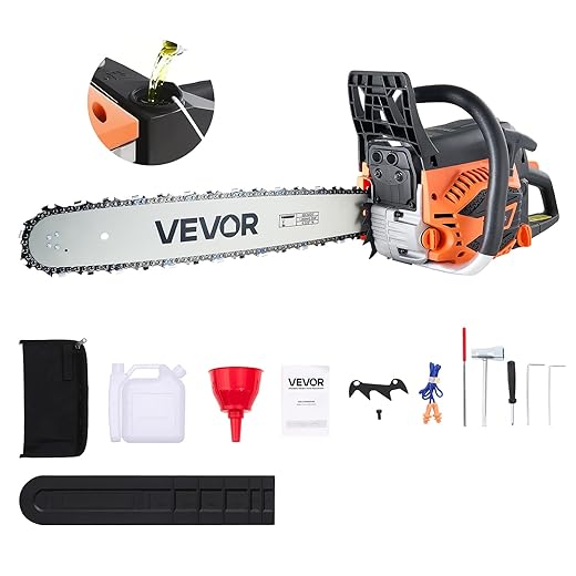 VEVOR 20inch 62CC Gas Powered Chainsaw, 3.8 HP 2 Stroke Engine Gas Power Chainsaws with Non-Slip Handle, Gas Chainsaws with Dual Fuel Tanks, For Wood Cutting, Tree Trimming, and Land Clearing