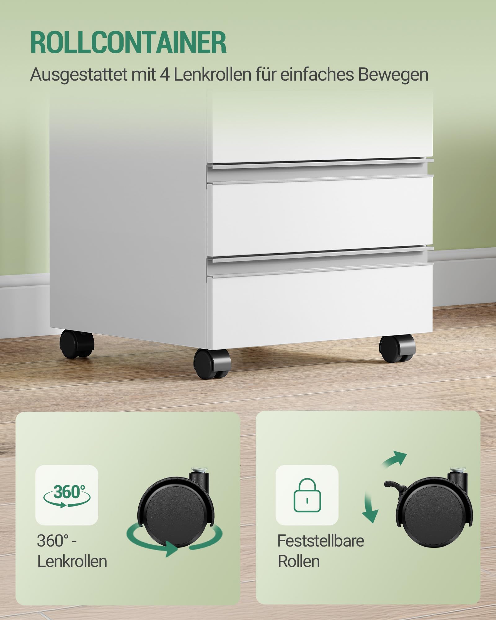 Hzuaneri Rollcontainer, mobiler Aktenschrank, Schubladenschrank mit 5 Schubladen, Lagerschrank für Büro und Homeoffice, Weiß 40 x 40 x 70 cm FC55503X