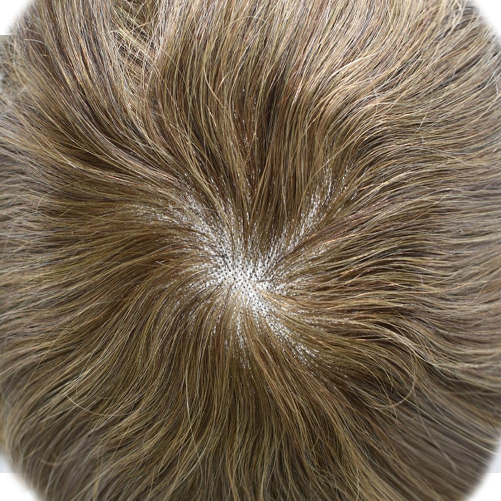 Toupee For Men Fine Monofilament Hair System for Mens Toupee Real Human Hair Replacement System for Men Natural Hairline Mens Hairpiece #17R Brown/Blonde Mix Warm Tone 6X8 120% Density