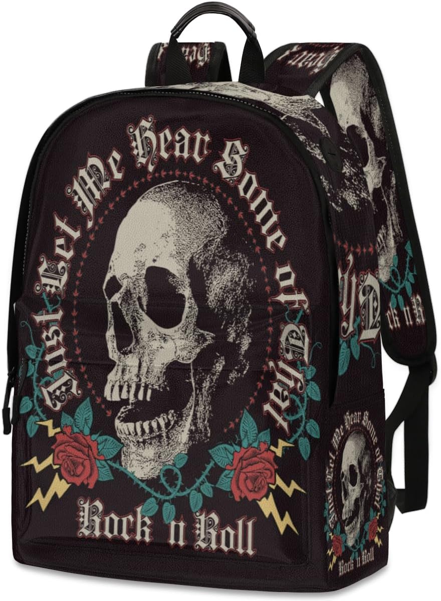 17-Inch Rock In Roll Skull Roses Laptop Backpack Full Print PU Leather Backpack with Adjustable Shoulder Strap Large Capacity Travel Weekender for Work Travel Hiking