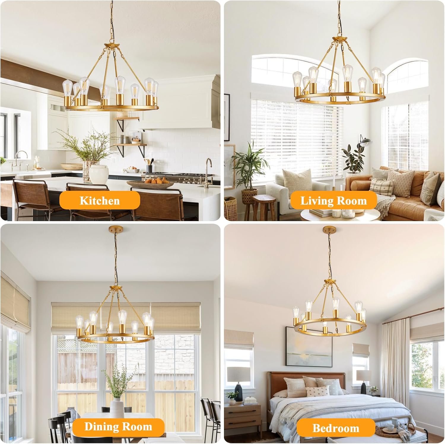 Gold Wagon Wheel Chandelier, 8 Lights Dining Room Light Fixture,23.6" Golden Metal Kitchen Island Lighting Round Pendant Light Hanging Lamp for Foyer Living Room Entryway,Height Adjustable,E26