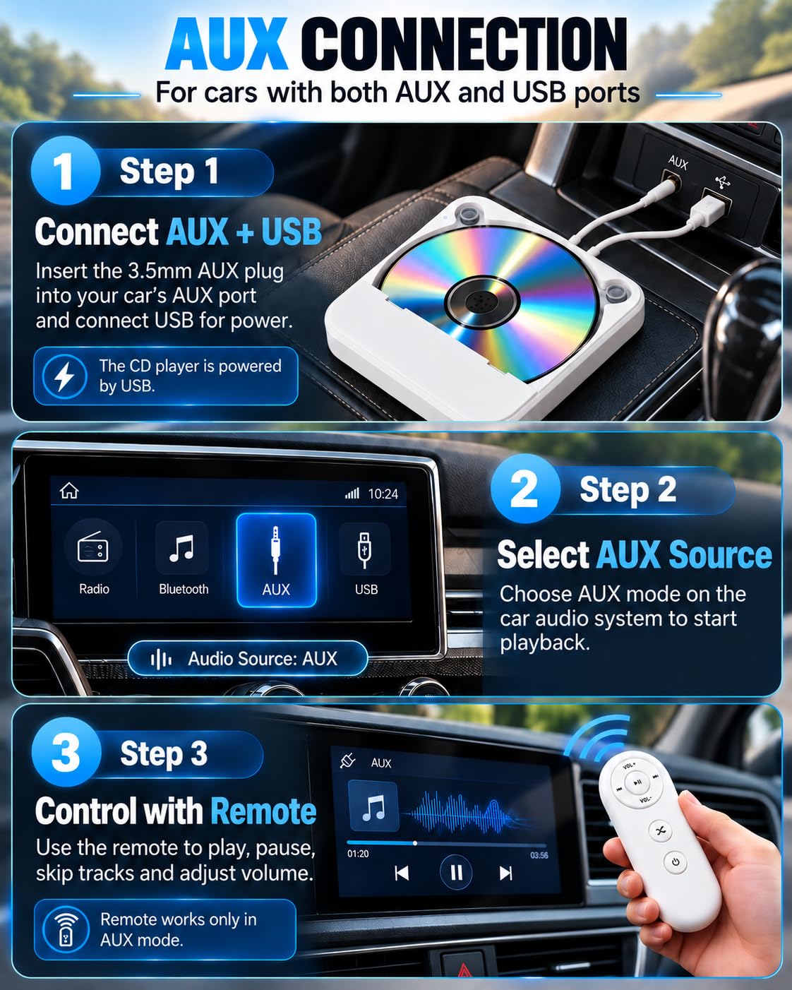 Lecteur CD de voiture portable Plug and Play avec câble d'extension USB supplémentaire avec port USB AUX, pour véhicule, ordinateur portable, TV, ordinateur, pour Android 4.4 et